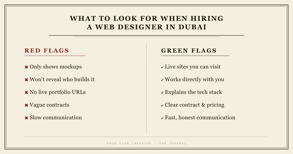 Red flags vs green flags when hiring a web designer in Dubai — infographic